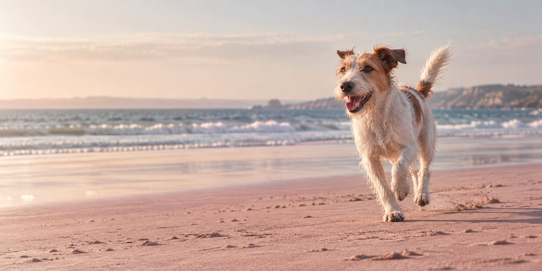 Un terrier heureux court sur une plage